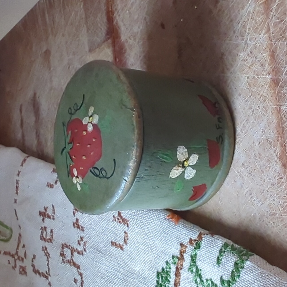 Vintage Avocado Green and Strawberry Handmade Hand painted Round Trinket Box